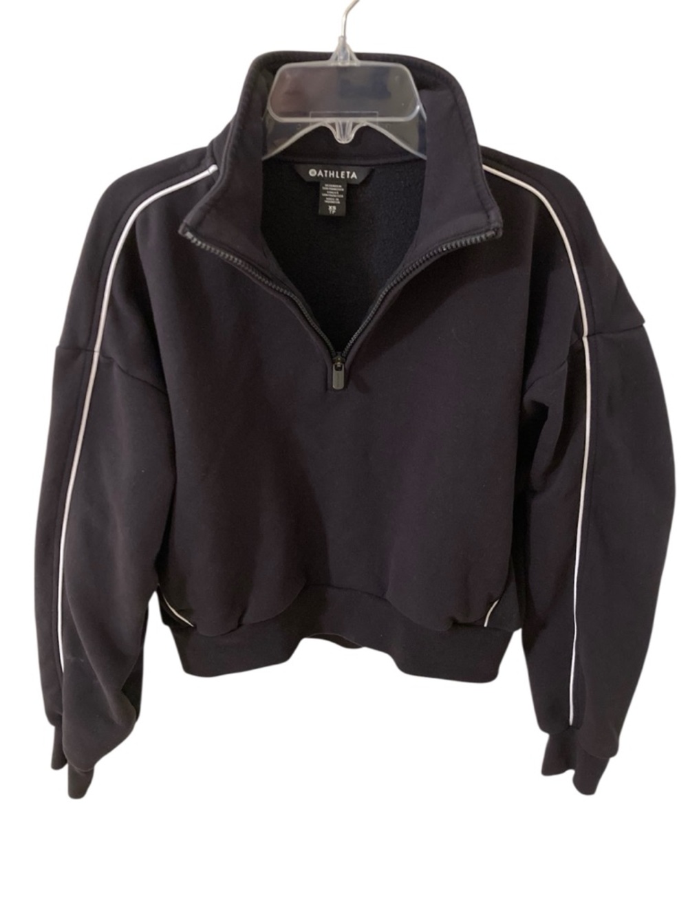 Athleta Forever Fleece 1/2 Zip High Hip Crop Piping Sweatshirt Black Size XS